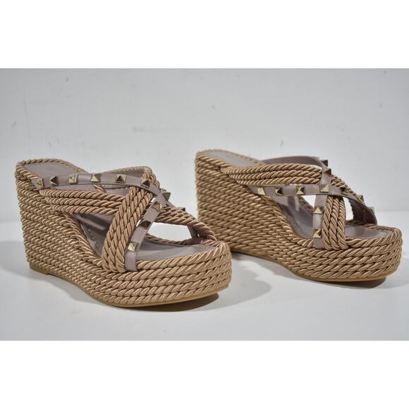Valentino Rockstud Torchon Poudre Nude Cord Rope Wedge Backless Slide Sandal 42 - Picture 4 of 12